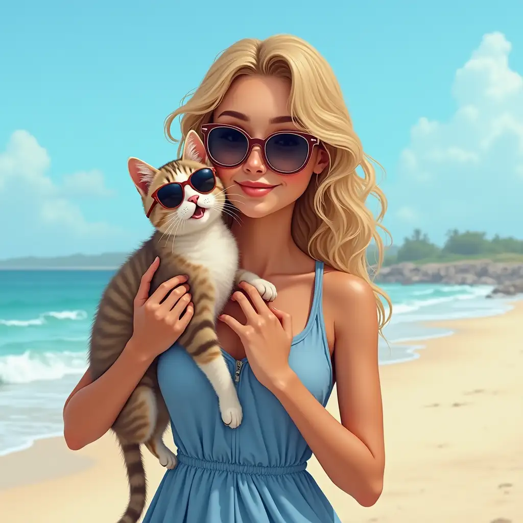 realistic 23 year old girl on a beach wearing a beautiful blue dress with a stunning sunglass ,holding a smiling cat ,cat also wear a specs