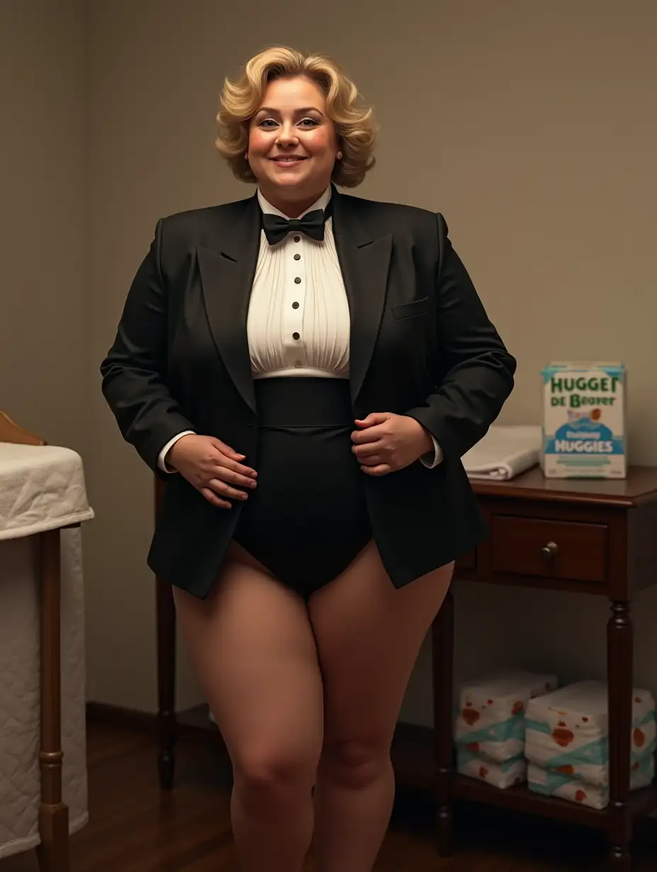 Caucasian-Woman-in-Formal-Tuxedo-at-Nursery-Changing-Table