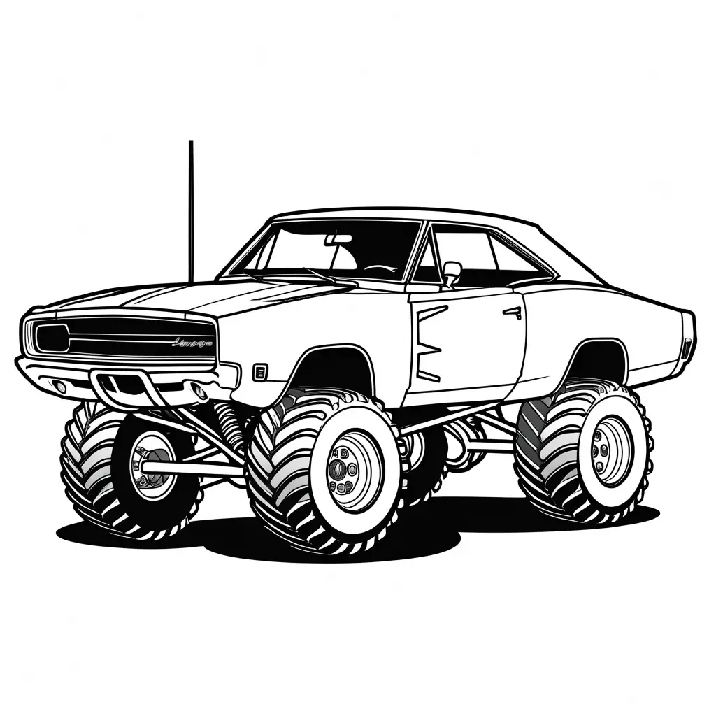 68 Dodge charger monster truck, Coloring Page, black and white, line art, white background, Simplicity, Ample White Space. The background of the coloring page is plain white to make it easy for young children to color within the lines. The outlines of all the subjects are easy to distinguish, making it simple for kids to color without too much difficulty, Coloring Page, black and white, line art, white background, Simplicity, Ample White Space. The background of the coloring page is plain white to make it easy for young children to color within the lines. The outlines of all the subjects are easy to distinguish, making it simple for kids to color without too much difficulty
