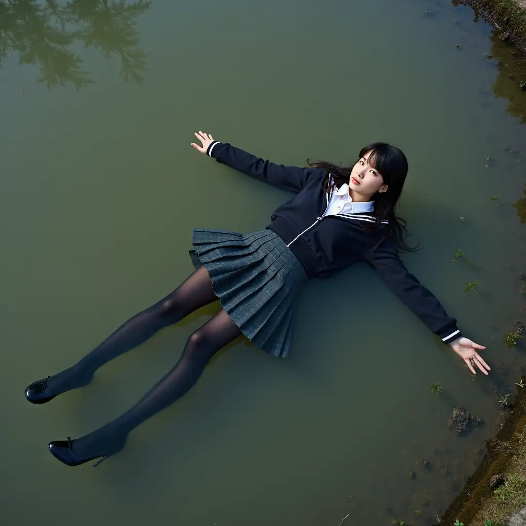 A young schoolgirl in a school uniform, in a skirt, jacket, blouse, dark tights, high-heeled shoes. She is swimming in a dirty pond, lying underwater, all her clothes are completely wet, wet clothes stick to her body, the whole body is underwater, submerged in water, under the surface of the water, below the water's edge.