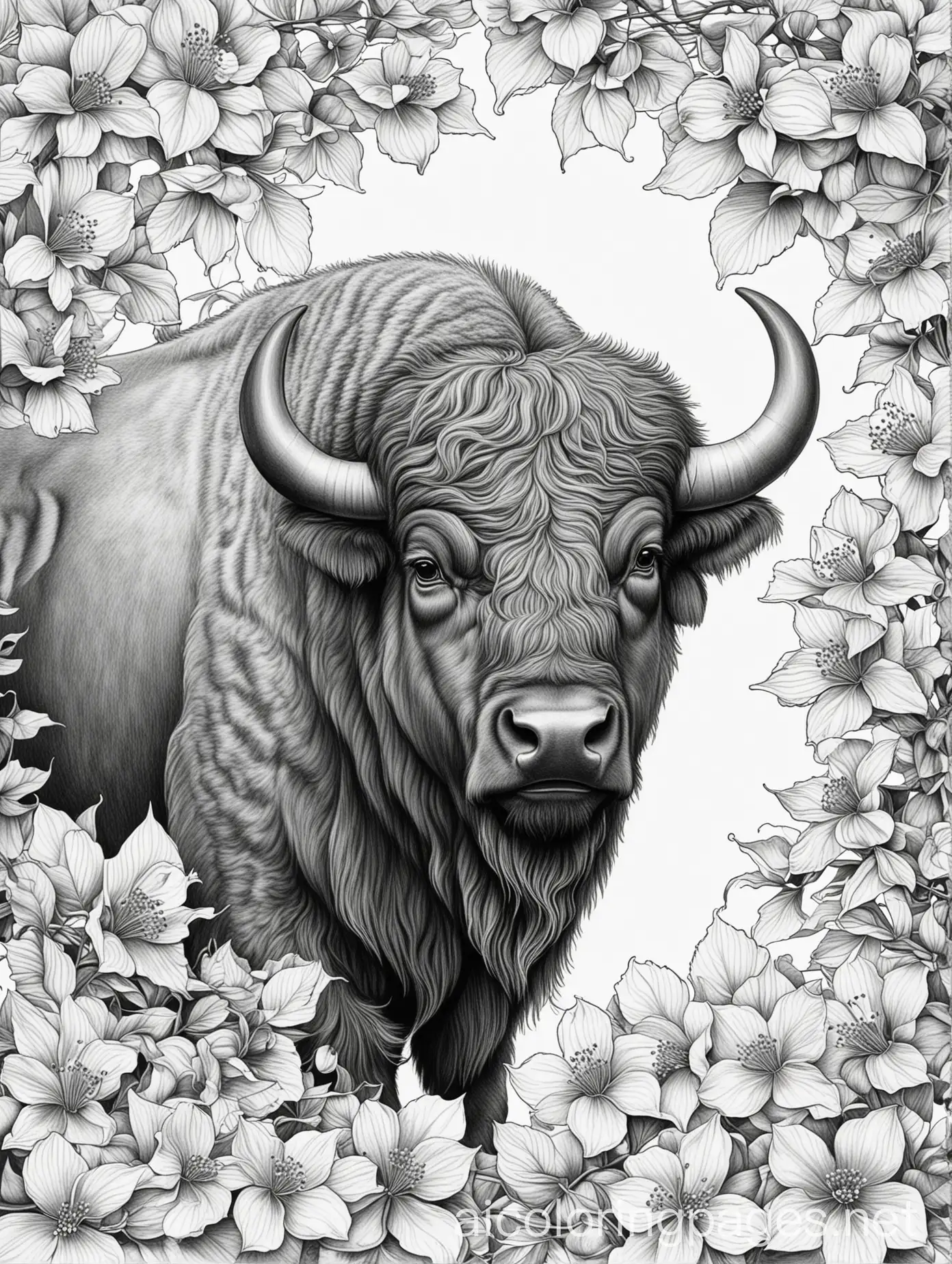 Buffalo-Surrounded-by-Dogwood-Leaves-Coloring-Page