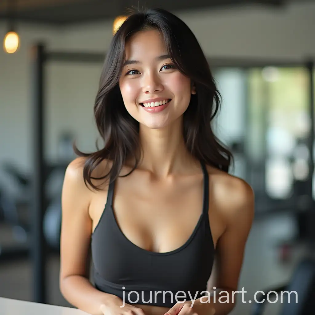 Shy-Asian-Receptionist-with-Innocent-Smile-at-Gym-Reception-Desk