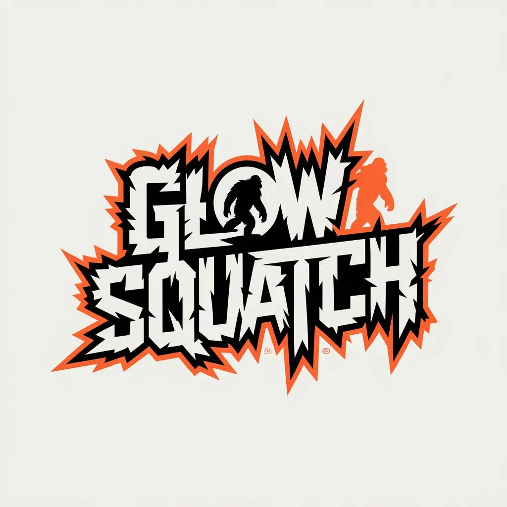 bold, stylized wordmark logo for the brand name “GlowSquatch.” The text should be aggressive and modern, with rugged edges or a distressed texture, giving an off-road, adventurous feel. Integrate glowing effects into the lettering—like neon edges, light trails, or subtle illumination around the text. Use a mix of orange, white, and black as the main color palette. The “Glow” part of the word should subtly emit light, while “Squatch” should feel heavier, grounded, and beastly. Optional details: a faint silhouette of a Sasquatch walking in the background, or a small LED whip light integrated into or wrapping around the letters. The overall look should be clean but impactful, suitable for decals, apparel, and packaging