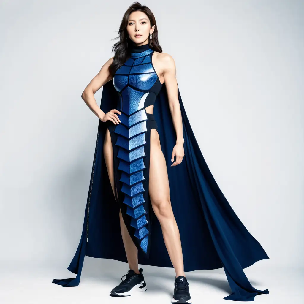 Japanese Woman Bodybuilder in Blue ScorpionDress Armor