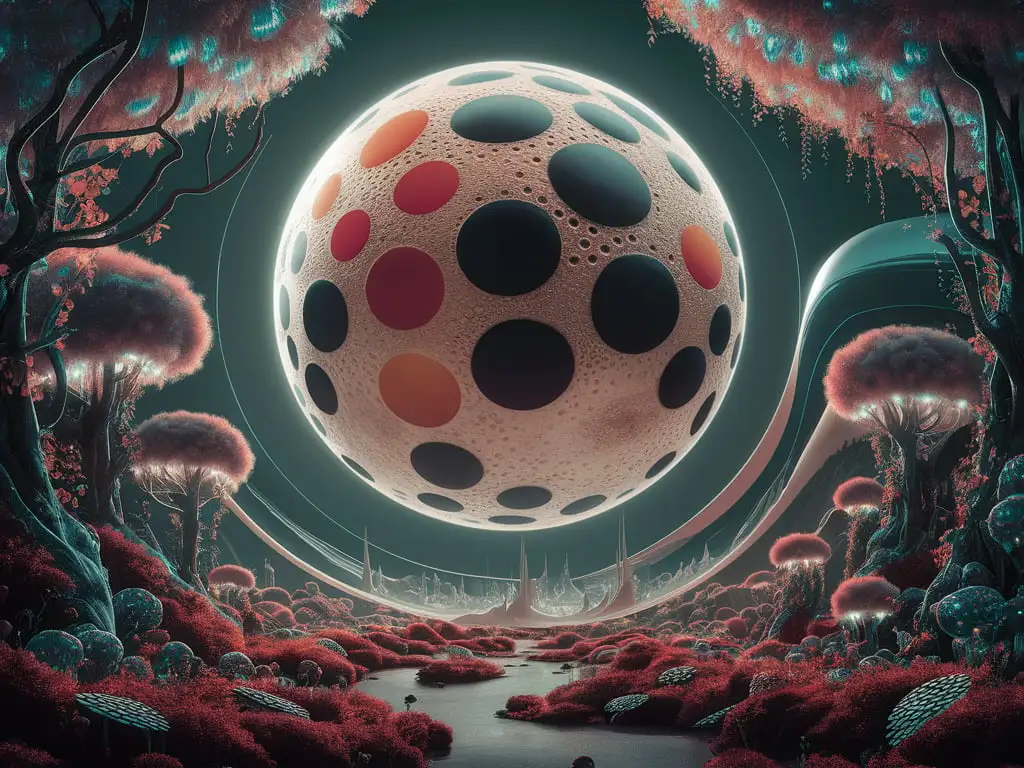 bubble moon, forest, realism, yayoi kusama style, future, futuristic