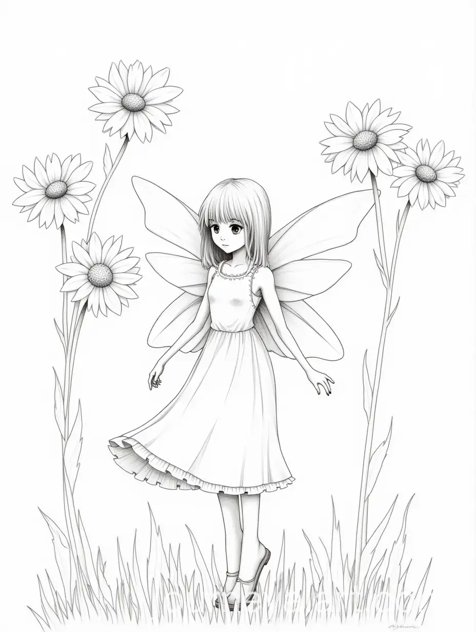 Fairy-Woman-with-Wings-Surrounded-by-Tall-Flowers-in-BlackandWhite-Drawing