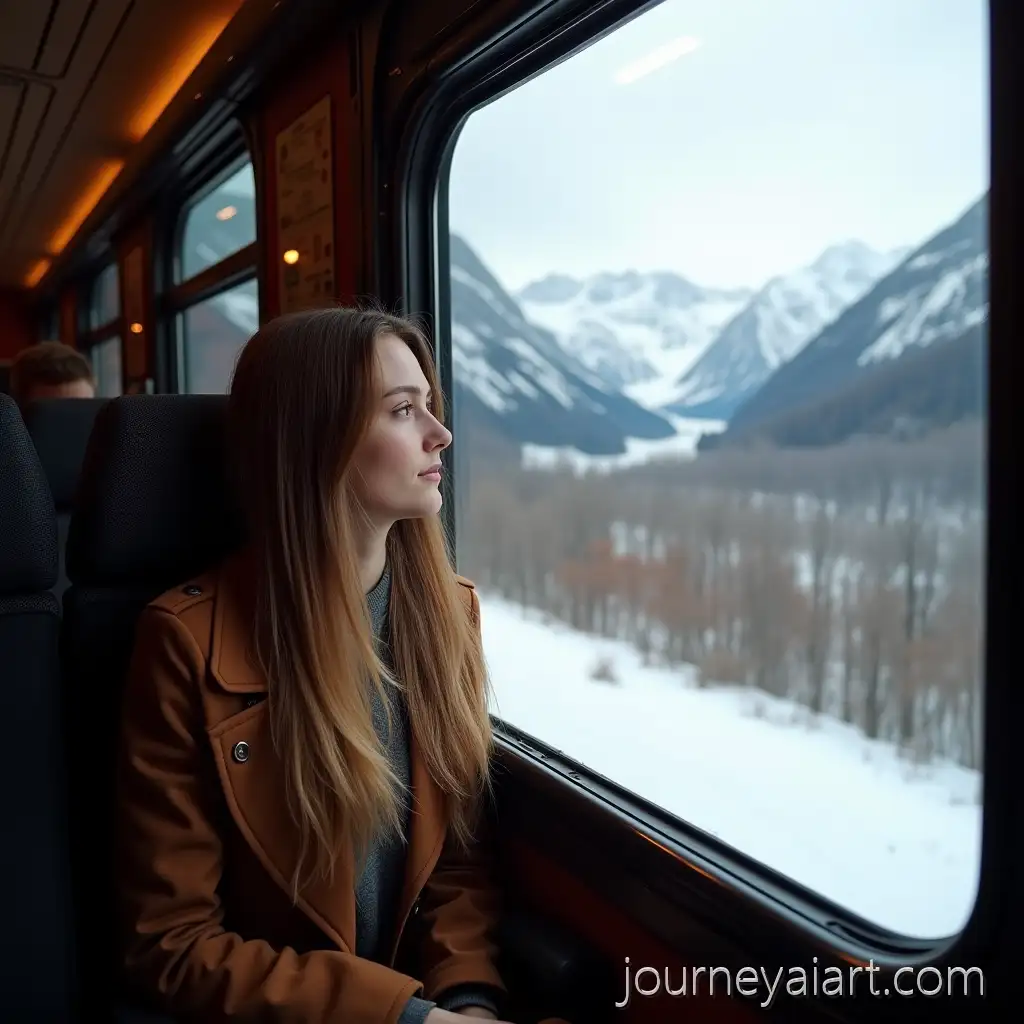 Brunette-Woman-Looking-Out-Train-Window-at-Snowy-Mountain-Landscape