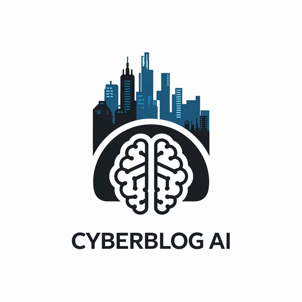 LOGO Design for CyberBlog AI Cyberpunk Skyline with AI Brain Theme on White Background