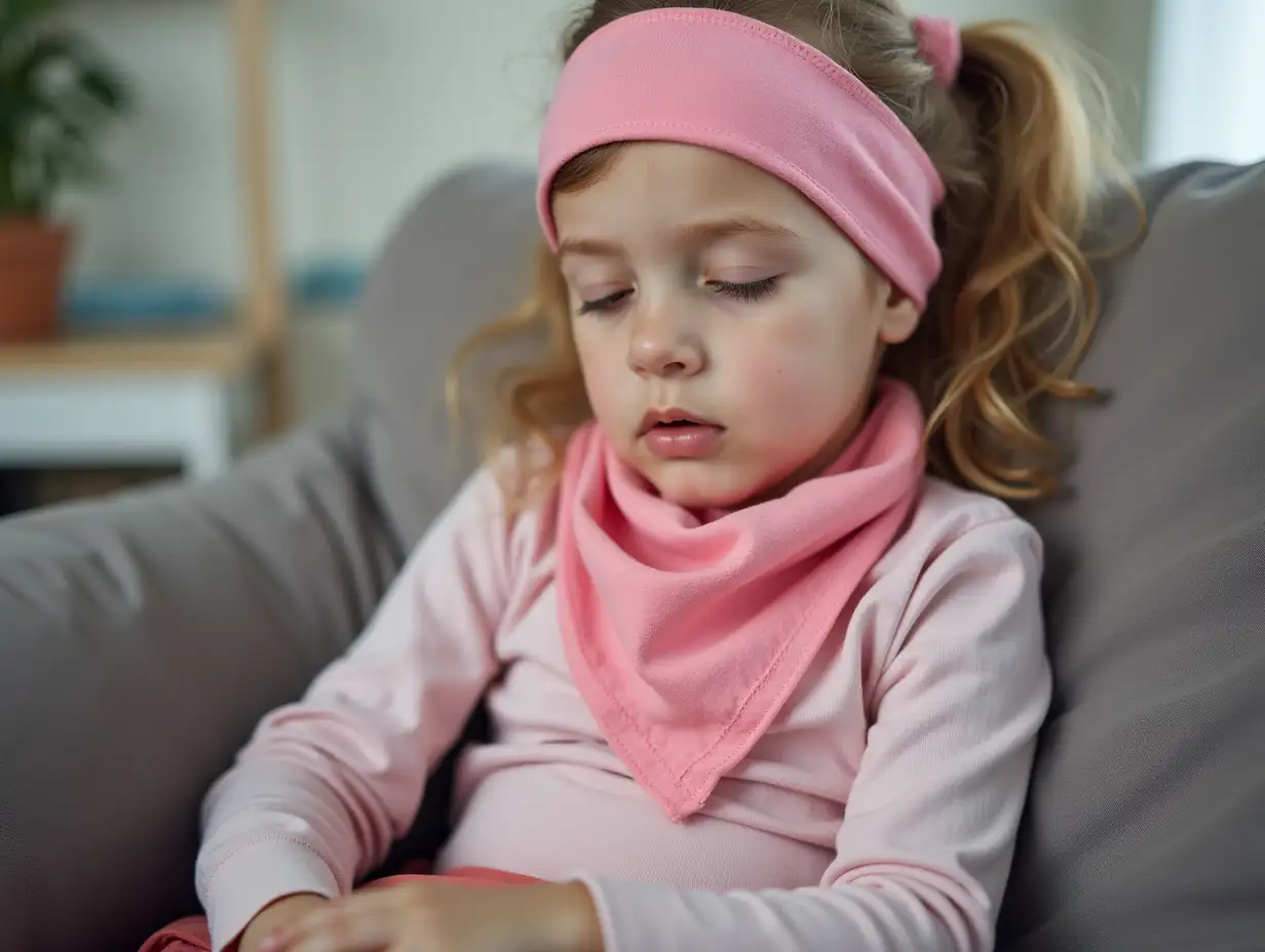 serious cute child in pink bandana with closed eyes fighting cancer at home sitting in a couch