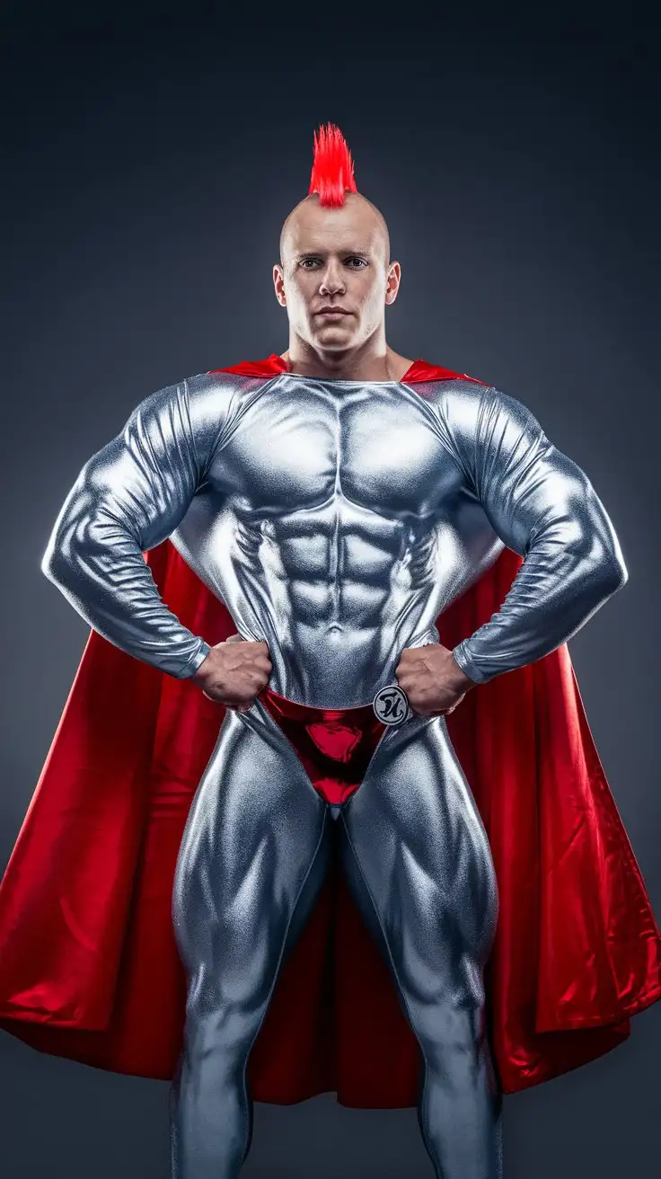 Powerful, muscular, vascular, huge, mighty, handsome, youthful, college-aged bodybuilder with a tall, intimidating, bright red Mohawk, wearing a full-body, skintight, silver, Lycra superhero uniform with a metallic red posing pouch, stands proudly with a look of determination.