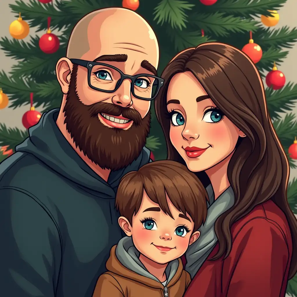 illustration style, eight colors only, young married couple, husband bald with full brown beard, blue eyes and glasses, wife with blue eyes and brown hair, with one 6 year old male child, in front of a Christmas tree display