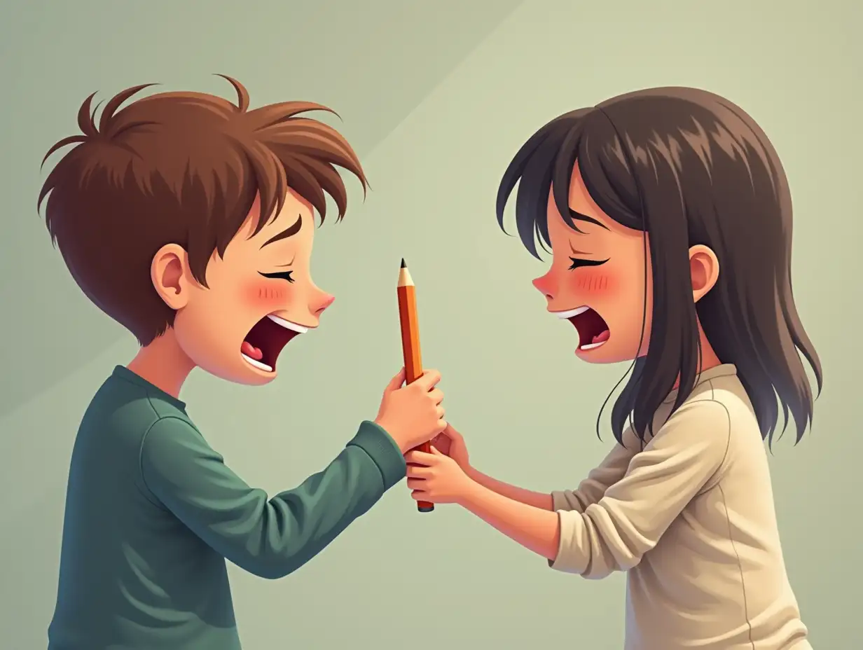 An 11-to-13-year-old child is  intentionally pulling away a pencil from another child while laughing. The other child, looking sad and frustrated, reaches out for their pencil with a distressed expression.