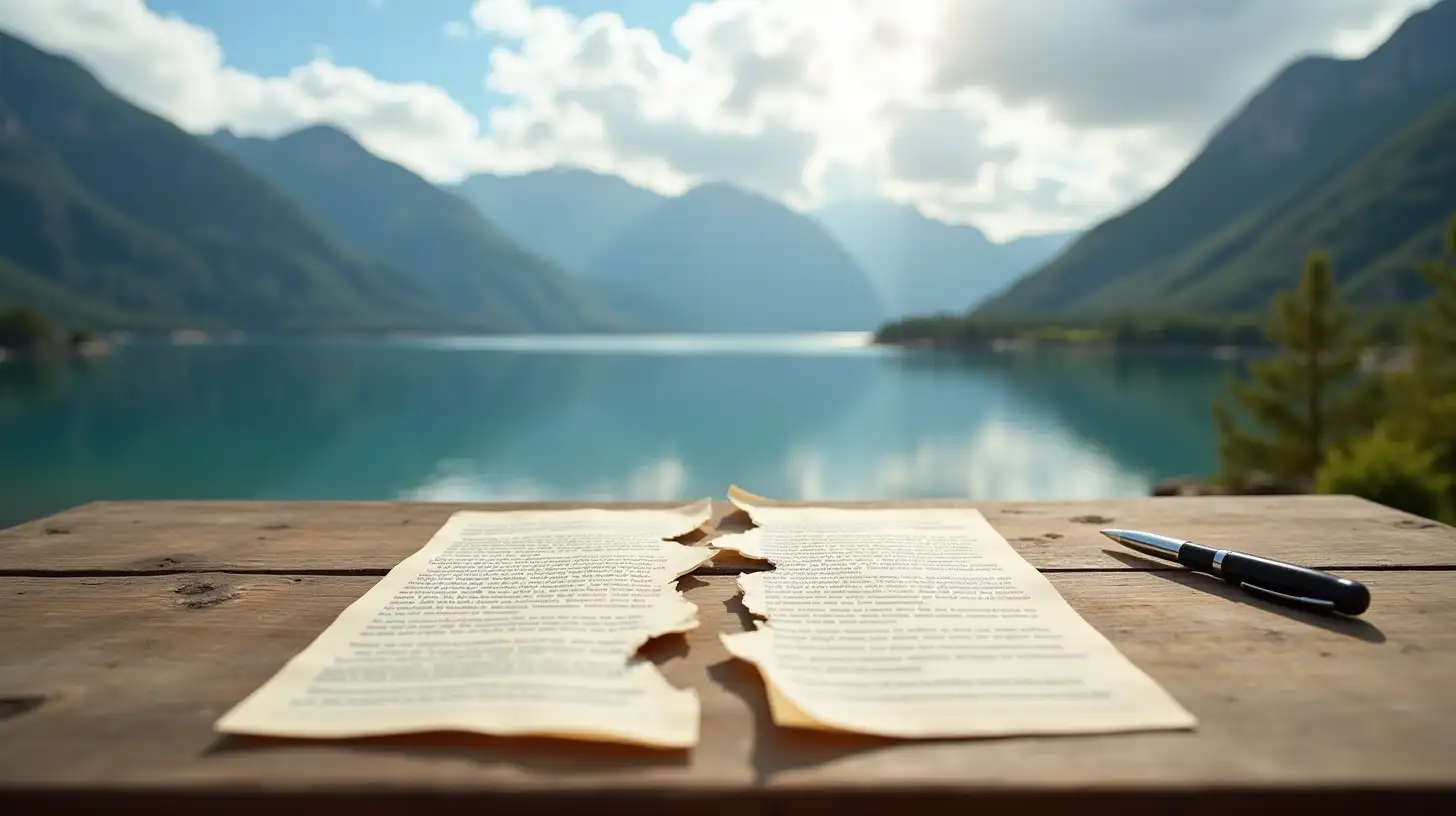 Torn Handwritten Contract on Wooden Table with Mountainous Landscape