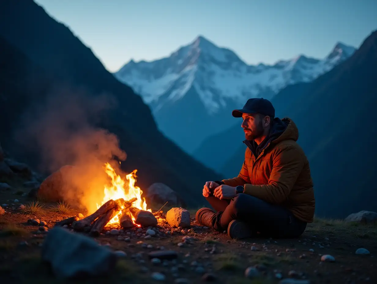 a man camping in himalayas beside campfire