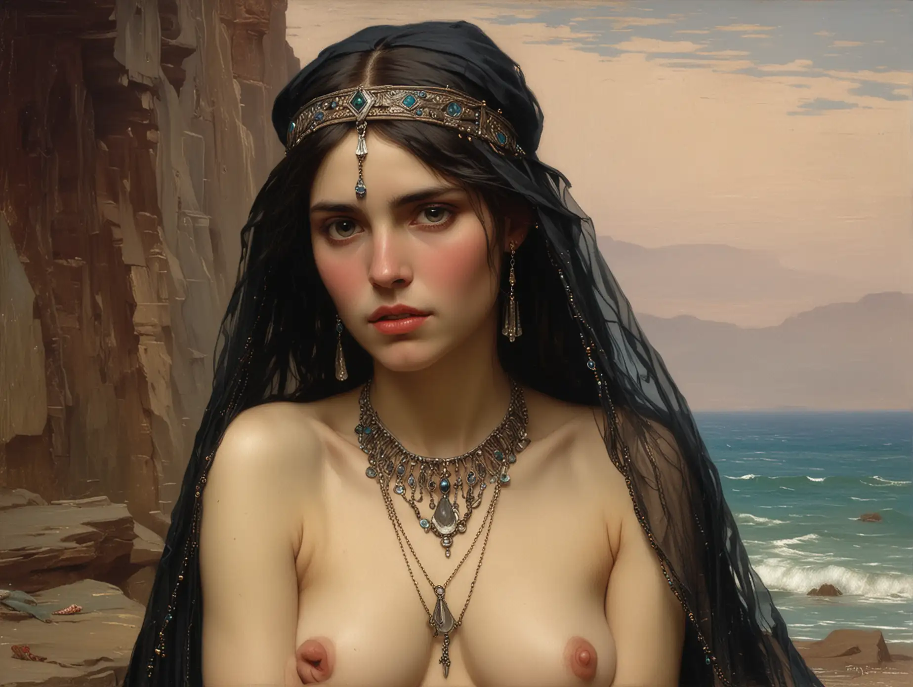 John William Waterhouse portrait of Native veiled topless with jewelry. 