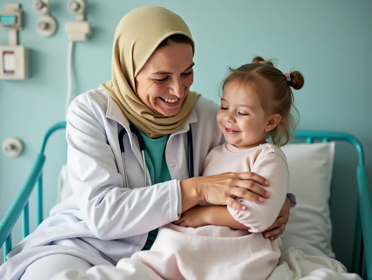 happy senior woman in kerchief embracing daughter in hospital