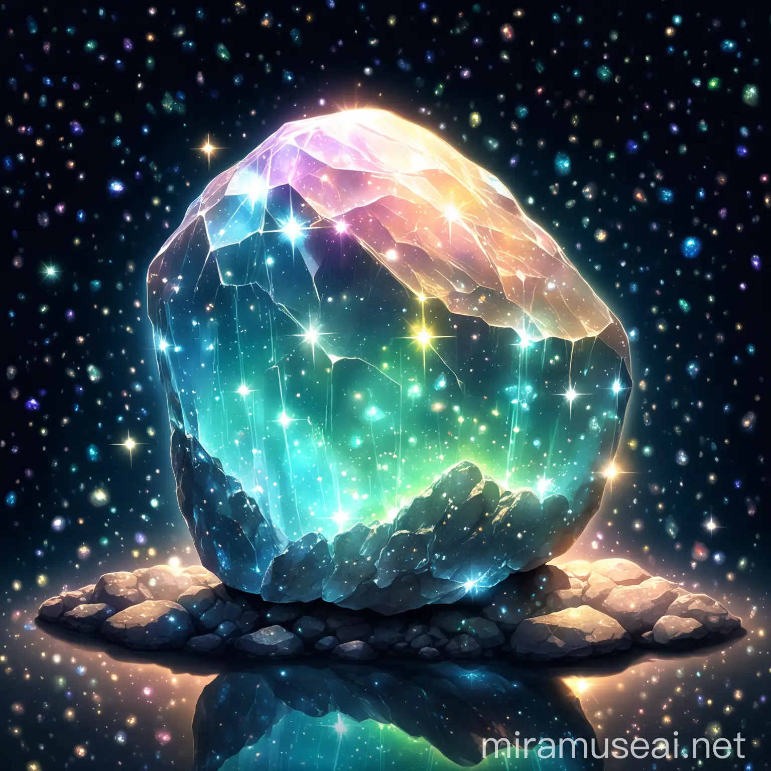 Glowing Rock with Sparkling Particles and Opalescent Reflections