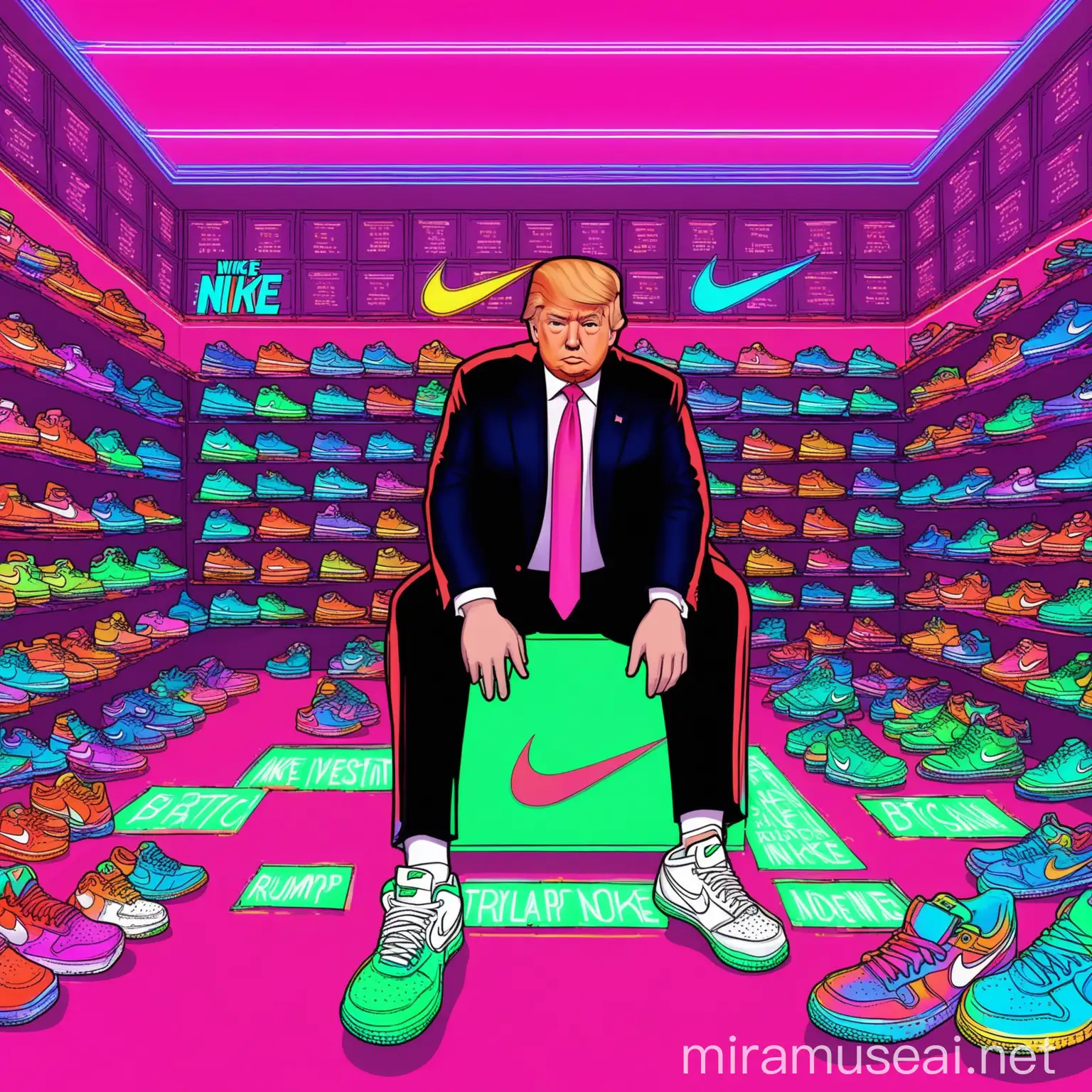 Donald Trump Investing in Bitcoin in a Neon Color Room