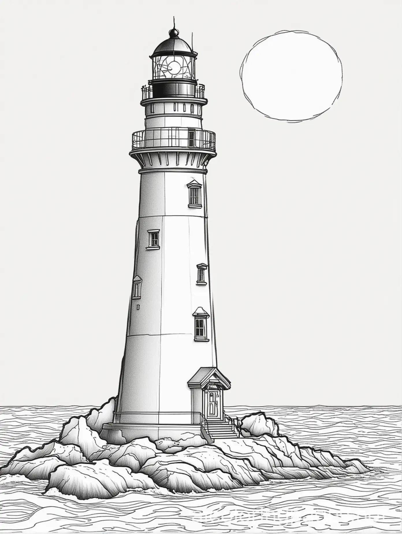 light house , Coloring Page, black and white, line art, white background, Simplicity, Ample White Space. The background of the coloring page is plain white to make it easy for young children to color within the lines. The outlines of all the subjects are easy to distinguish, making it simple for kids to color without too much difficulty