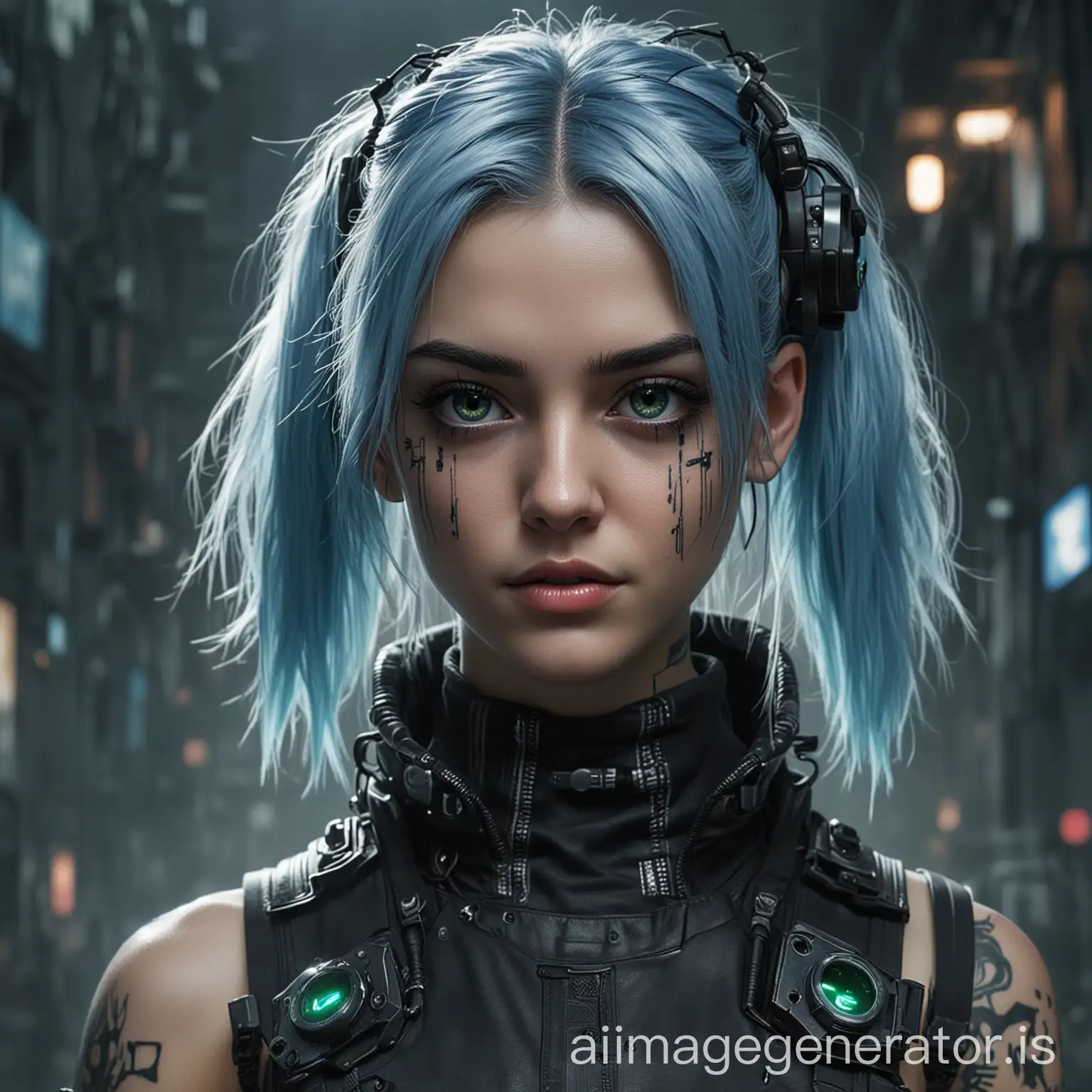 CYBERPUNK GIRL WITH BLEU HAIRE AND GREEN AYES