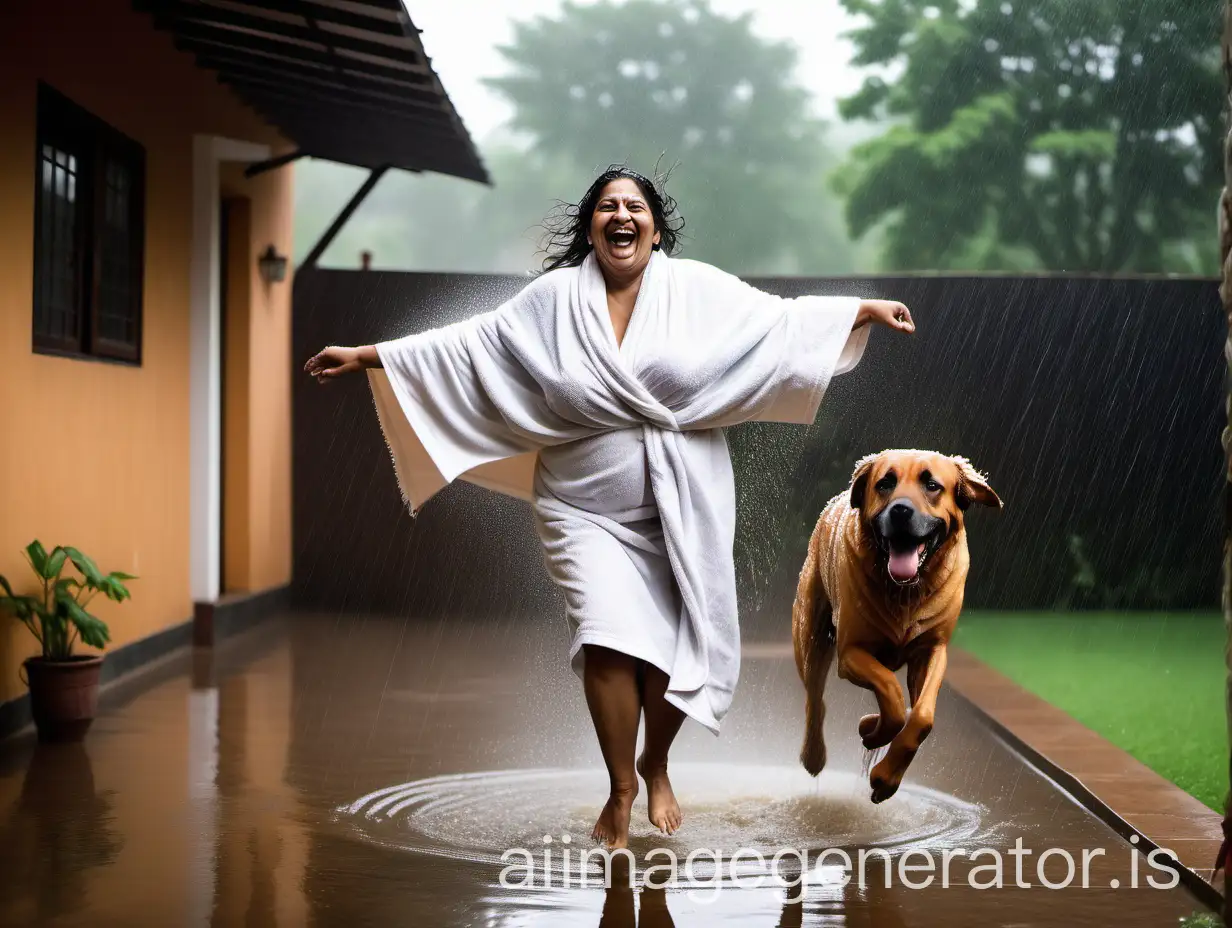 an indian fat mature curvy woman having age 43 years old, jumping in rain wearing a thin bath towel holding a big dog in a farmhouse courtyard, its raining, she is happy and laughing