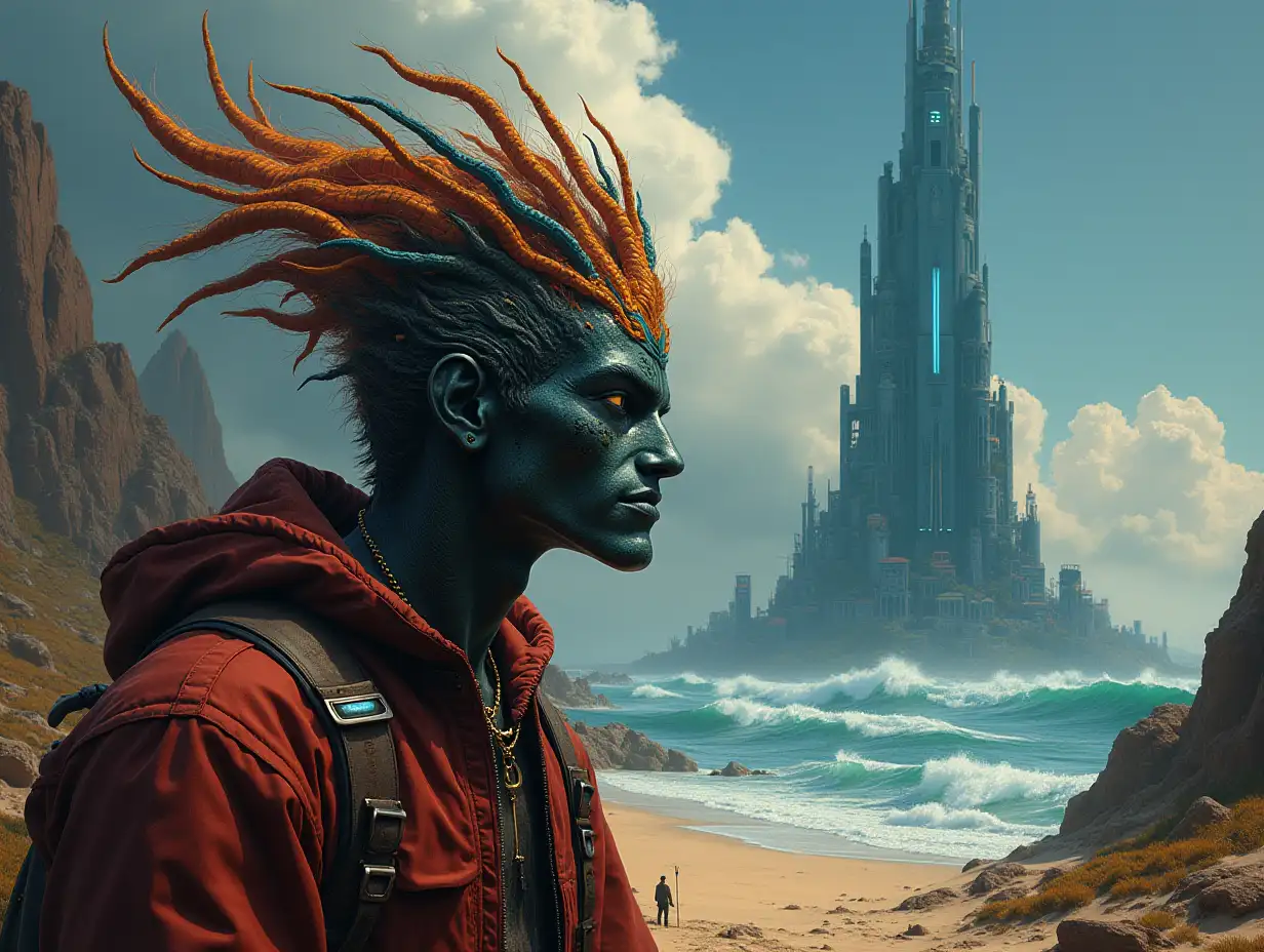 Hyperrealistic portrait of a multiverse time traveler with different alien beings-various fremd wesen Detailed, colorful forest desert, with dark clouds futuristic glass tower in the background the sea with giant wave