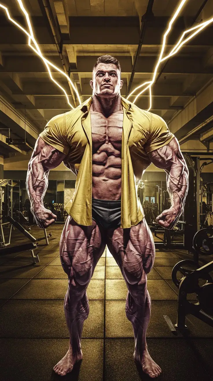 Ultra brawn. Receiving Herculean powers. Musclegod bodybuilder. Reverent mood. Inside an empty gym at night. Golden electrical glow. Photorealistic.
