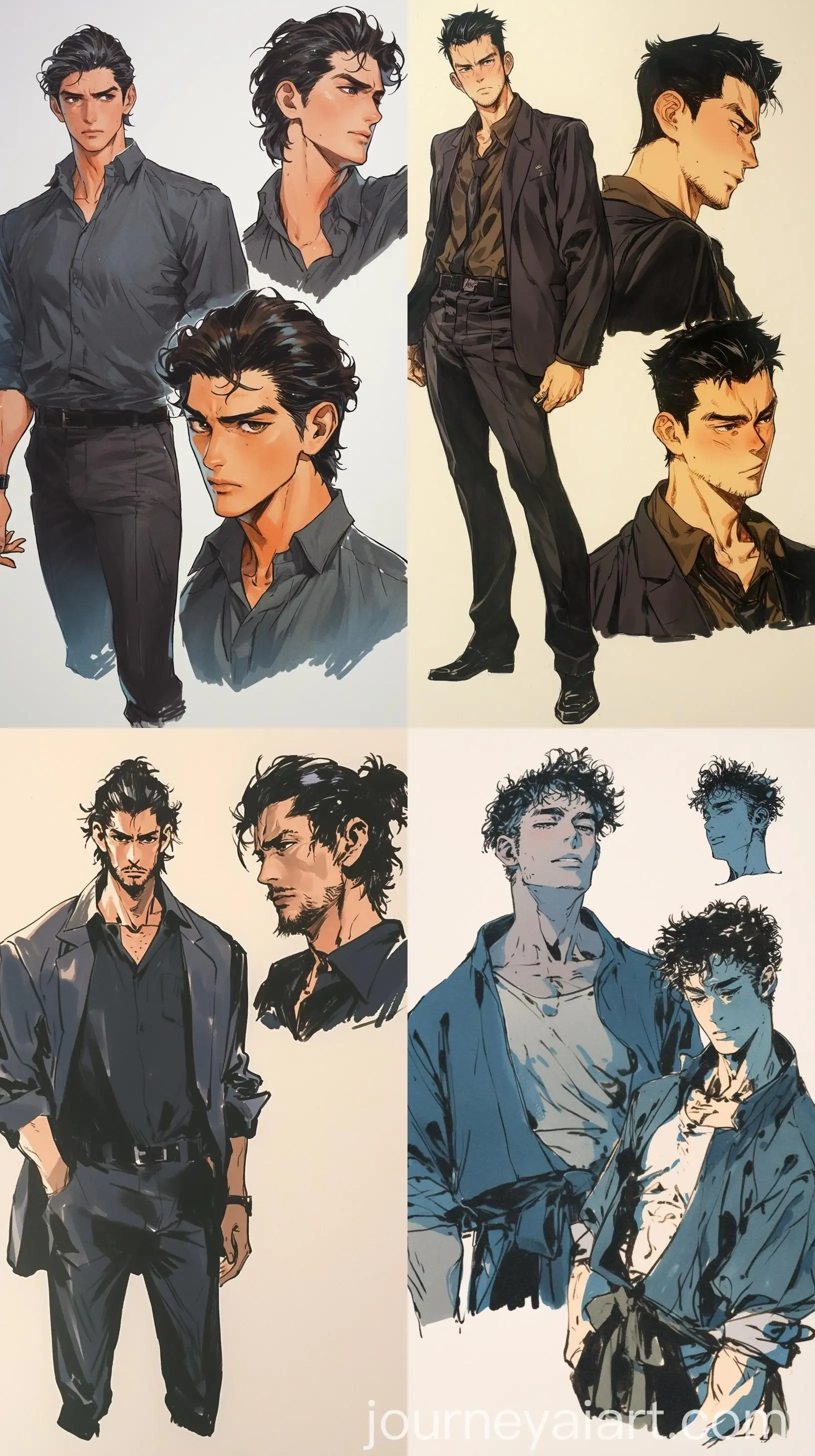 Male-Character-Sheet-with-Black-Hair-GPen-Ink-Copic-Marker-Dark-Colors