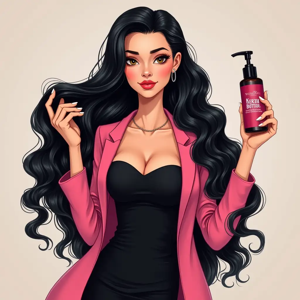 Depict a hair reconstruction master with keratin botox bottles, in a black dress and pink blazer. With long shiny black hair.