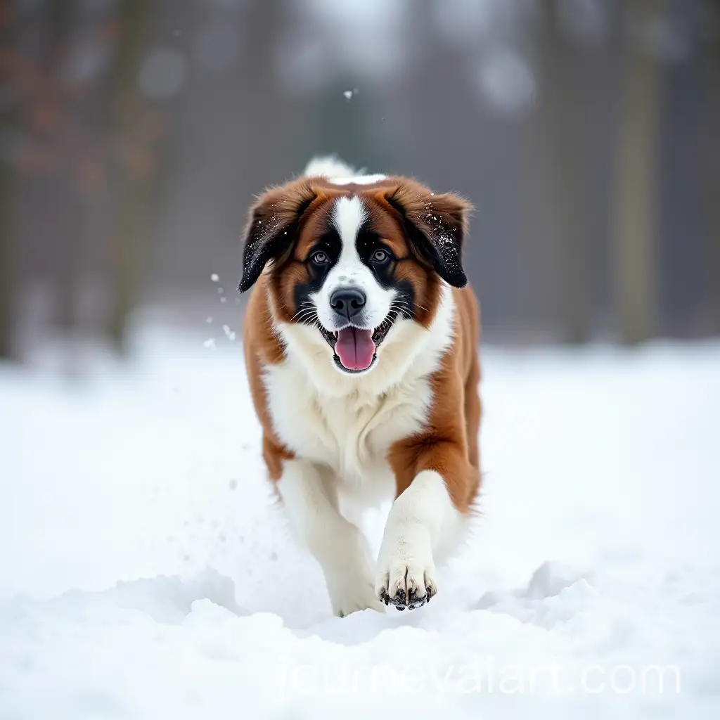 Saint-Bernard-Dog-Running-in-Snowy-Landscape