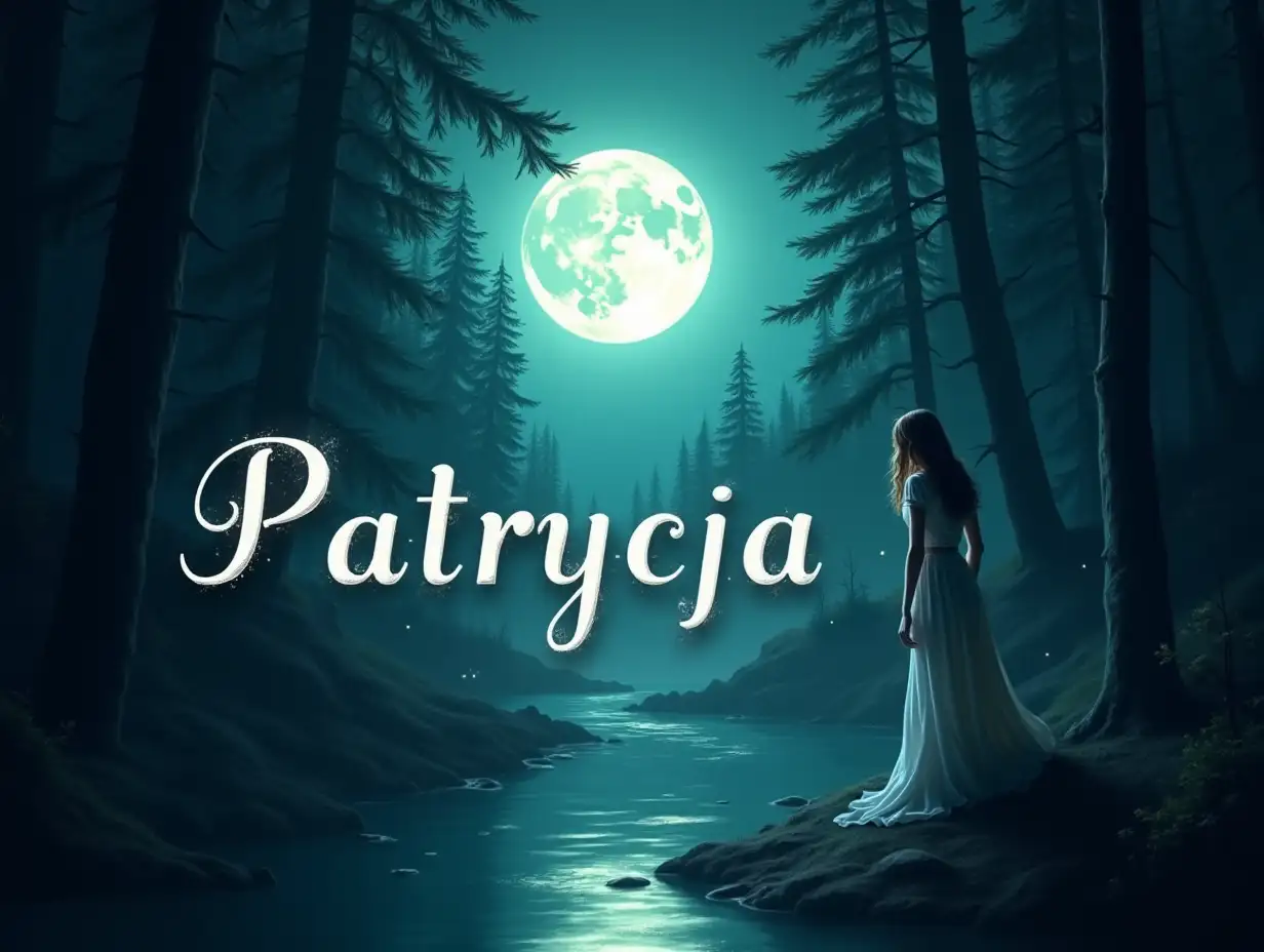 A mystical, fantasy-inspired logo for 'Patrycja'. The name should be elegantly written in a flowing, slightly glowing script, resembling silver moonlight on water. Surrounding the text, a dreamlike forest scene unfolds—tall, shadowy pines stretching toward a sky illuminated by a radiant full moon. The landscape is bathed in ethereal blue and green hues, reflecting off a gently flowing river. On the right side of the composition, a mysterious figure—a young woman in a flowing white dress—stands with her back to the viewer, her long, wavy hair caught in a soft breeze. She gazes into the moonlit water, as if lost in thought or drawn to something unseen. Tiny glowing fireflies or wisps of light float around, enhancing the magical atmosphere. The entire logo should capture a sense of mystery, serenity, and enchantment, with a dark fantasy touch. The text 'Patrycja' should subtly blend with the scene, yet stand out with a soft luminescent glow, ensuring readability while maintaining the dreamlike ambiance