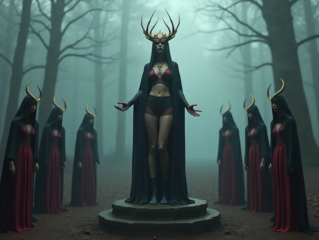 An Ultra HD 64K 3D render of a haunting, gothic scene set in a foggy, ancient forest. A central, ominous-looking female figure stands atop an ancient stone pedestal, exuding power and authority. The figure wears a short dark robe with subtle crimson tank tops and black hues, decorated with intricate gothic patterns. A long, golden, spiked crown with elegant yet menacing curves adorns their head, radiating an aura of divine or sinister royalty. The figure holds a commanding pose, shrouded in mystery, their face hidden in shadows beneath the crown. They hold an ominous shelter. Six mysterious, attractive female attendants dressed in deep red and black short cloaks and revealing loin clothes stand in a circular formation around the pedestal. Each attendant has a short, pointed hood or eye mask, adding to their enigmatic and cult-like appearance. Their stances are solemn and slightly varied, suggesting reverence or ritualistic intent. 