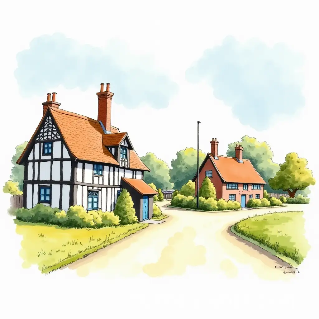 Charming-Watercolour-Village-Scene-in-Lincolnshire-England