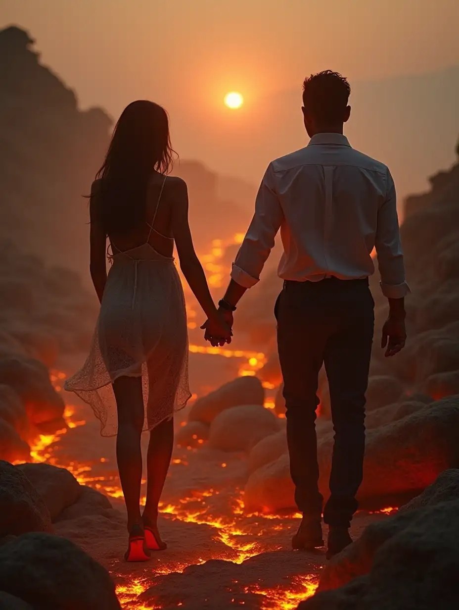 a beautiful woman in ripped dress walks on hot coals to a handsome man, he stands in the distance