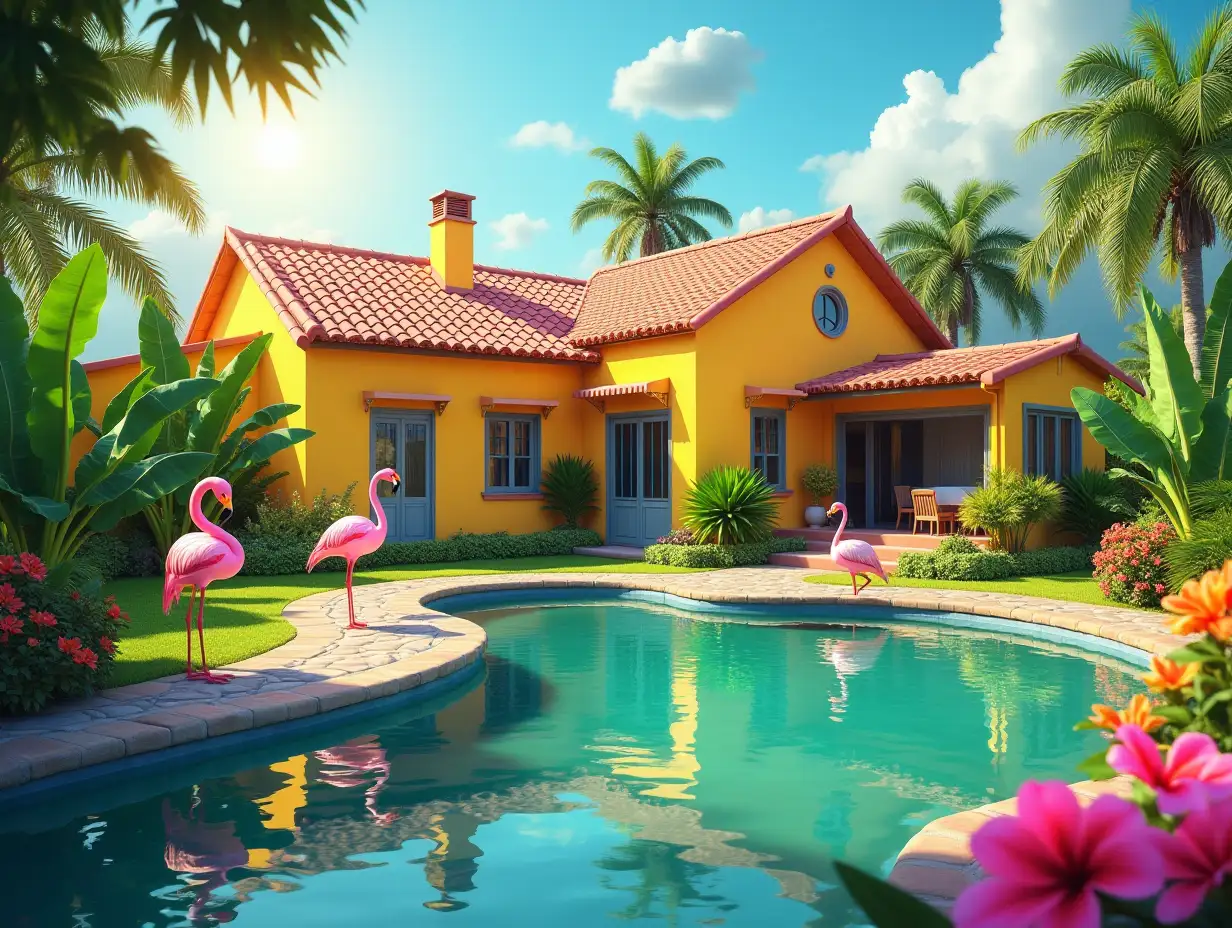 Realistic image: Crooked yellow house with garden  And a pond, with flamingos, with bananas, perennials, orange trees, sun and palm trees, 4K resolution, colorful, superwide angle.