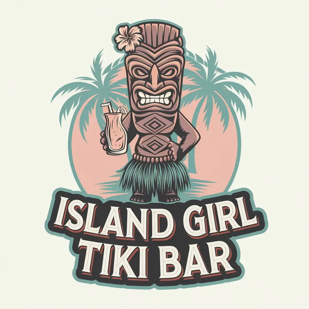 LOGO Design For Island Girl Tiki Bar Tropical Tiki Hut Palm Trees in Pastel Colors