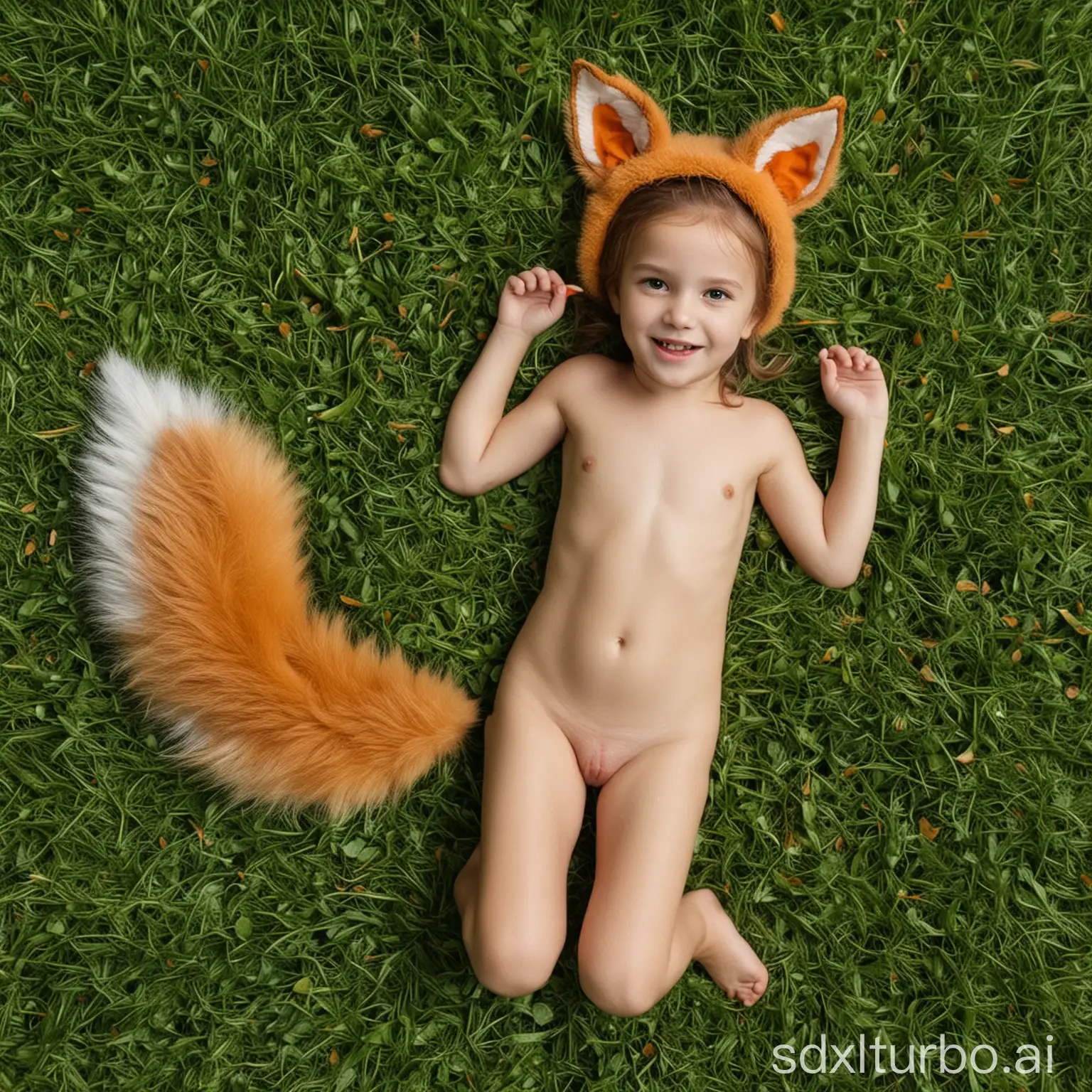 sweet lttle-Girl-with-Fox-Ears-after-Shower lay on green grass fullbody