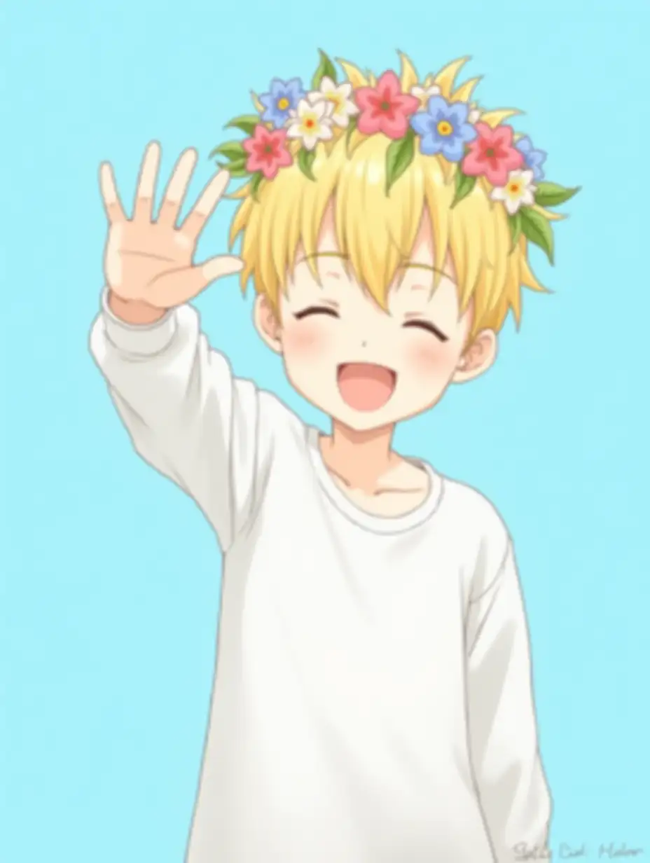 Blue background. There is a boy with blond hair in white longsleeve. He is waving at the camera. He has flower crown on his head. Anime style