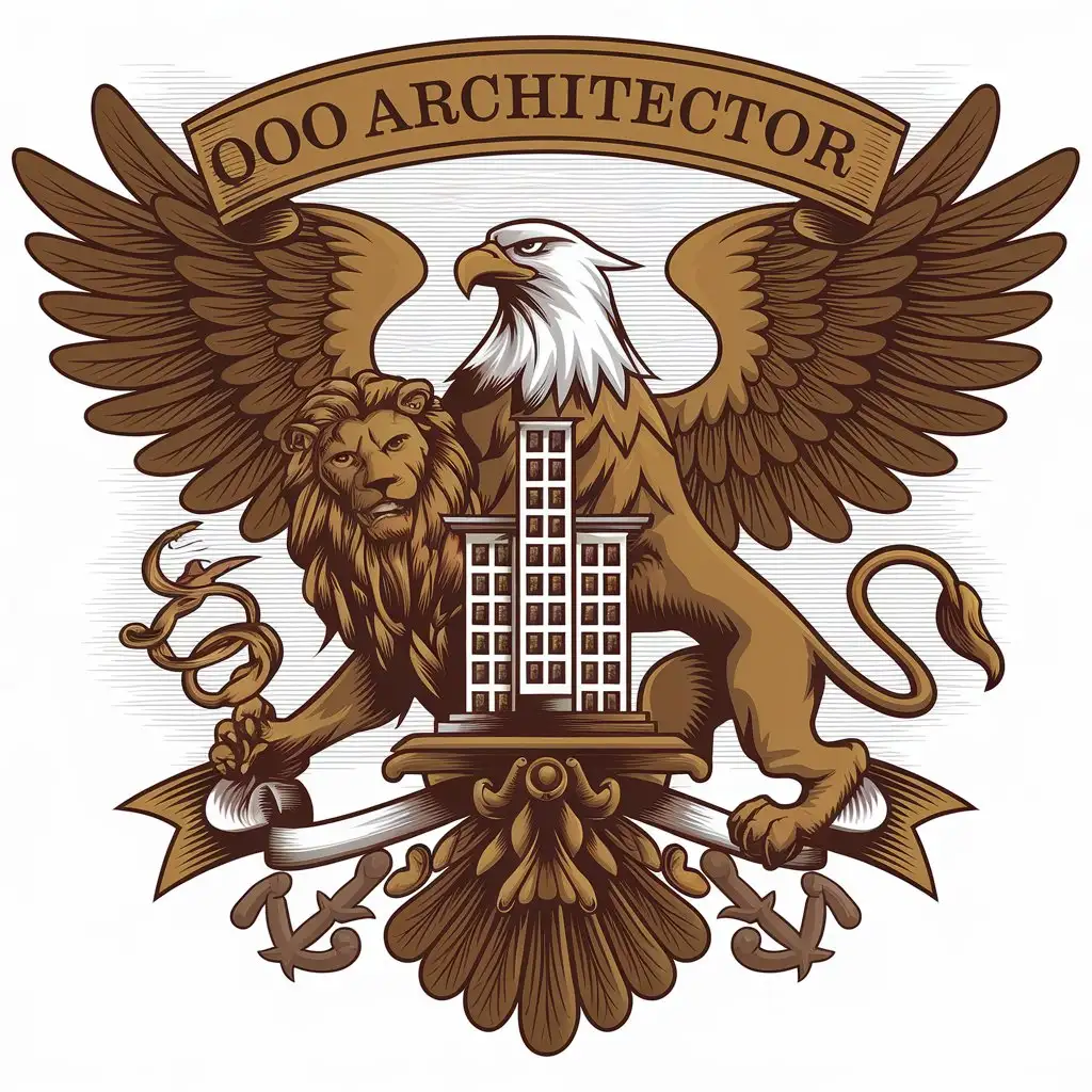 a vector logo design,with the text "OOO ARCHITECTOR", main symbol:Eagle and Lion,complex,be used in Construction industry,clear background