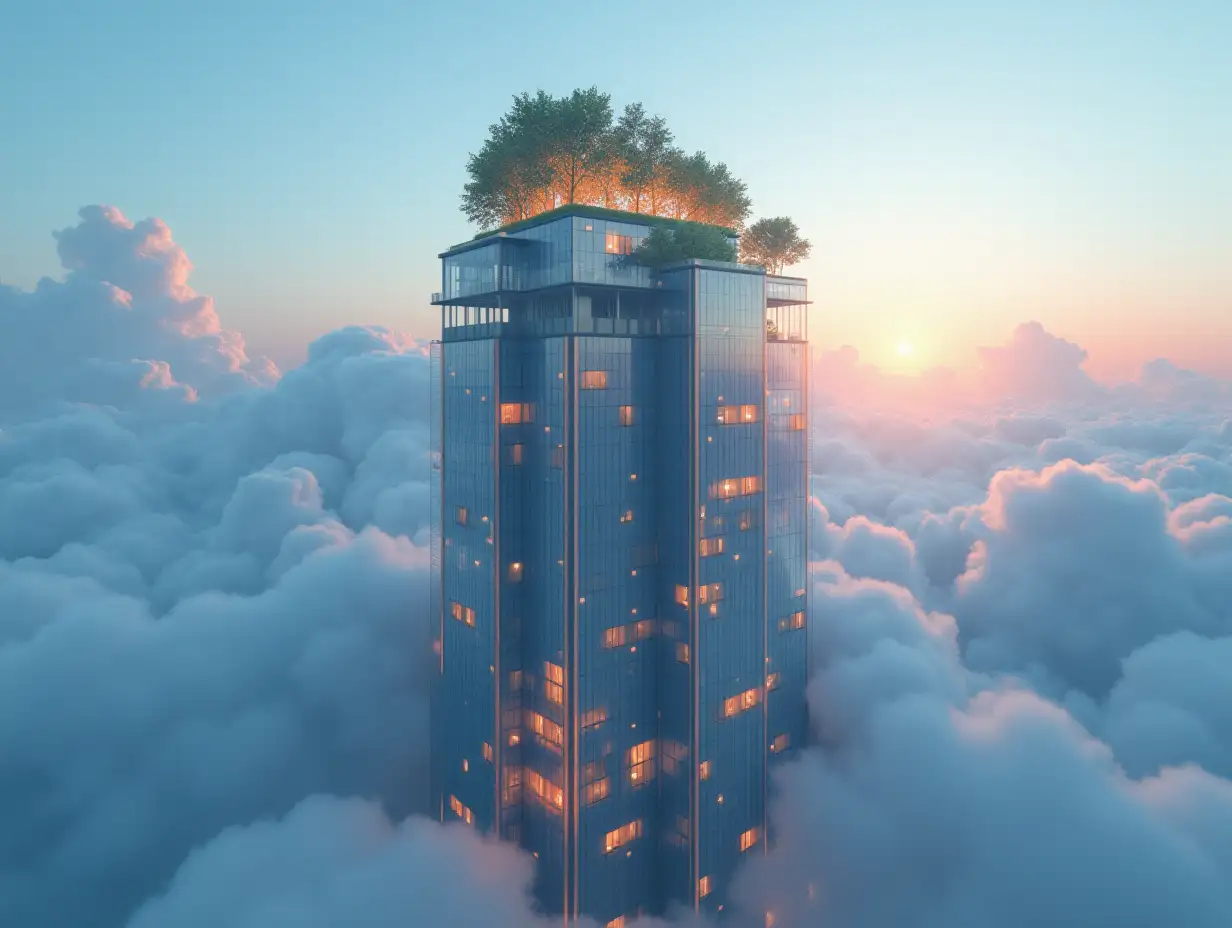 Create a high-resolution realistic image in 4k resolution: a futuristic, lit up skyscraper that soars into the sky with plants and trees on top against a cloudy skied heaven