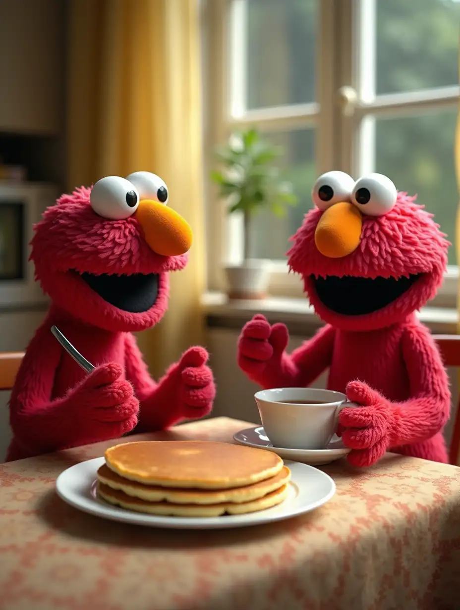 elmo from sesame street and maria eating pancakes for breakfast together at maria's house. Elmo is not drinking anything with his pancakes. Maria is having a cup of tea with her pancakes.