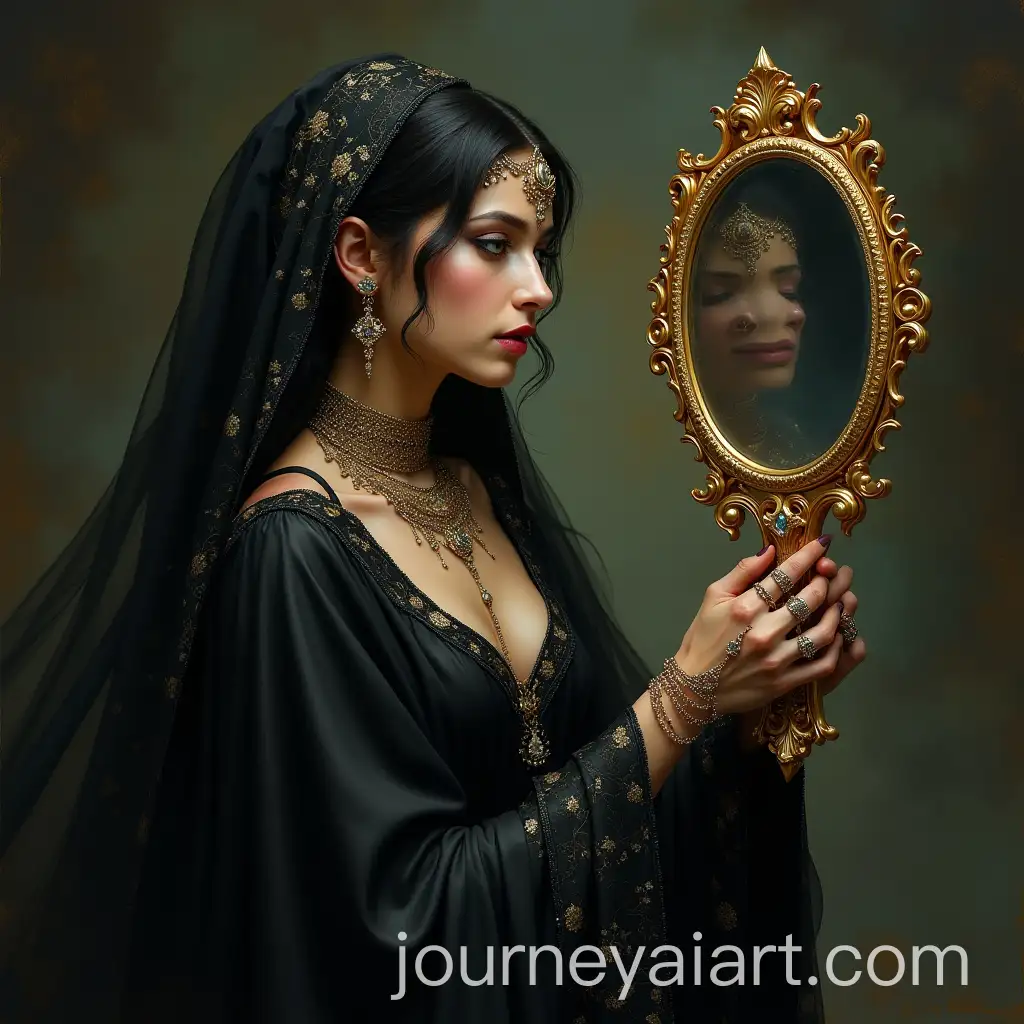 Elegant-Sorceress-Gazing-into-a-Magical-Gold-Hand-Mirror