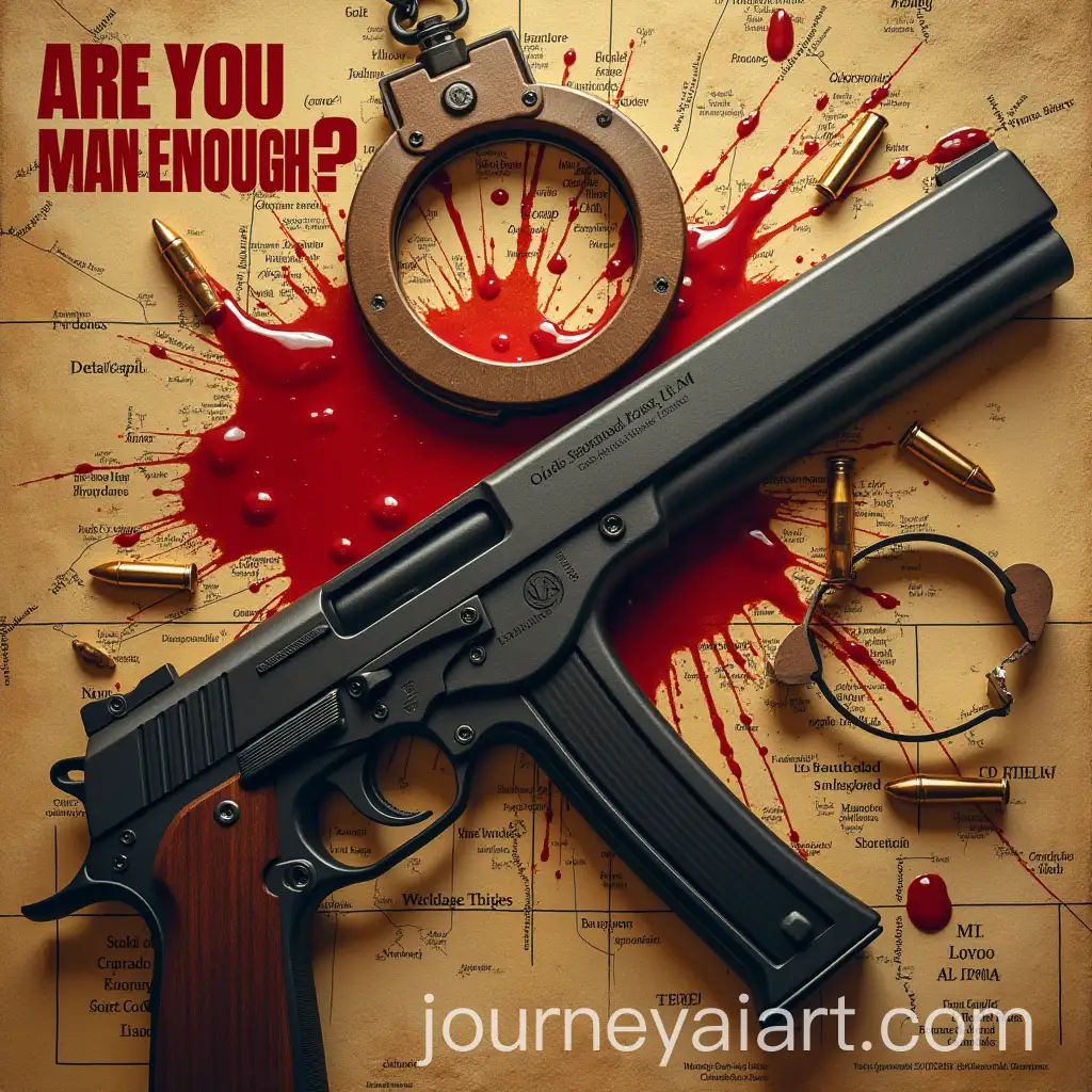 Action-Movie-Poster-Blood-Handcuffs-Pistol-Bullets-Investigation-Codes-and-Maps