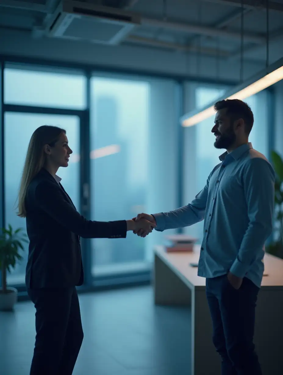 A professional recruiter shaking hands with a candidate in a modern office, symbolizing tailored hiring solutions. Digital elements like resumes and analytics in the background, with a sleek blue and gray color scheme