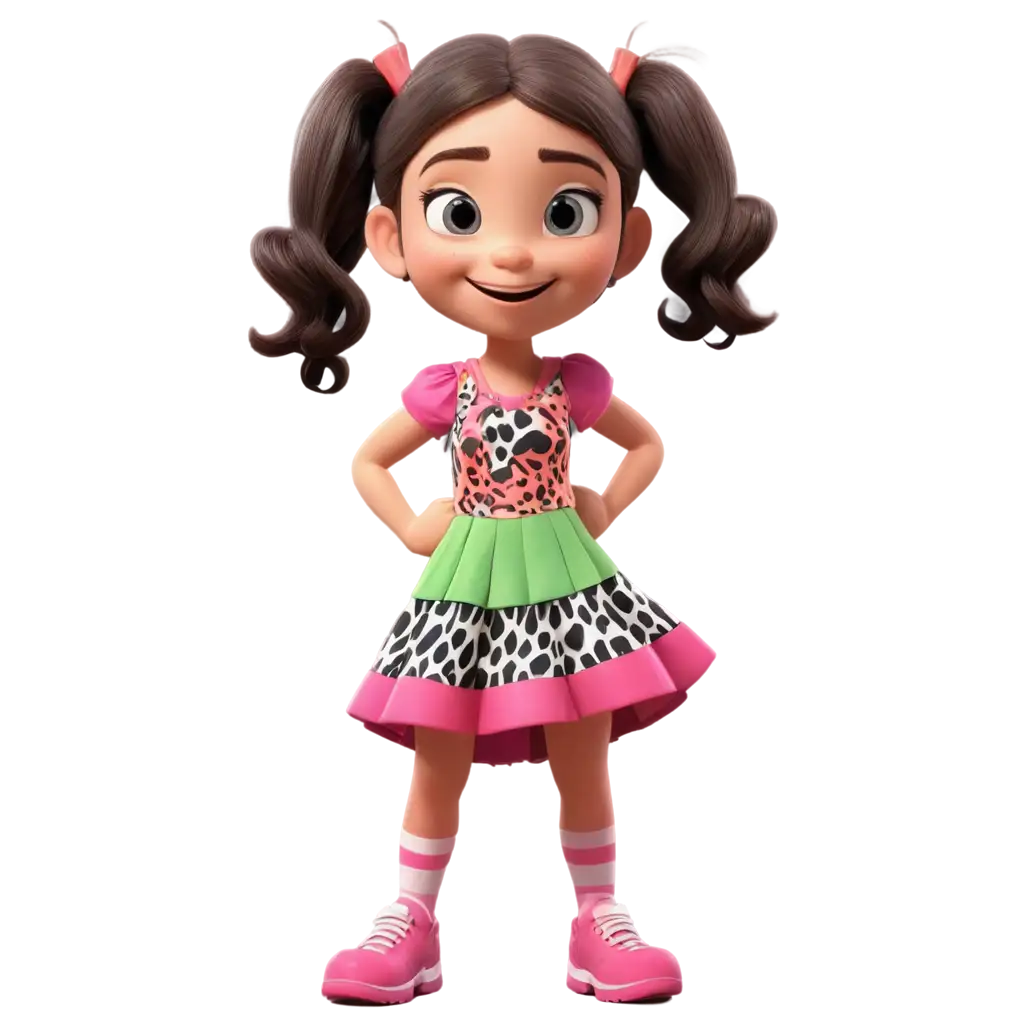 Cheerful-7YearOld-Girl-with-Pigtails-in-Colorful-Animal-Print-Dress-3D-Cartoon-PNG-Image