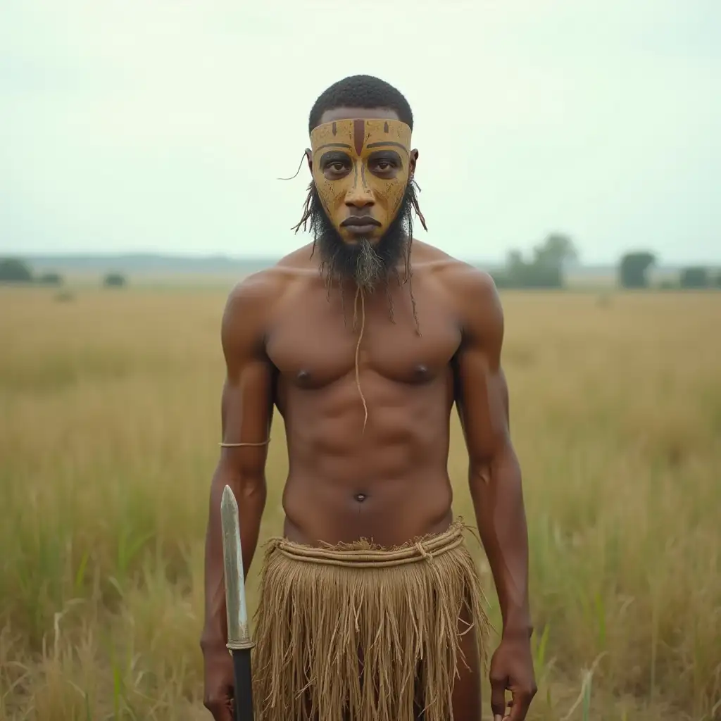 Tribal-Warrior-in-Grasslands-with-Wooden-Mask-and-Sharpened-Stick