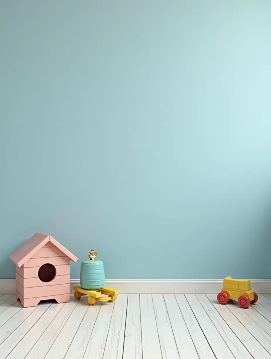 nursery room with toys on the floor. the wall is empty in bluish theme