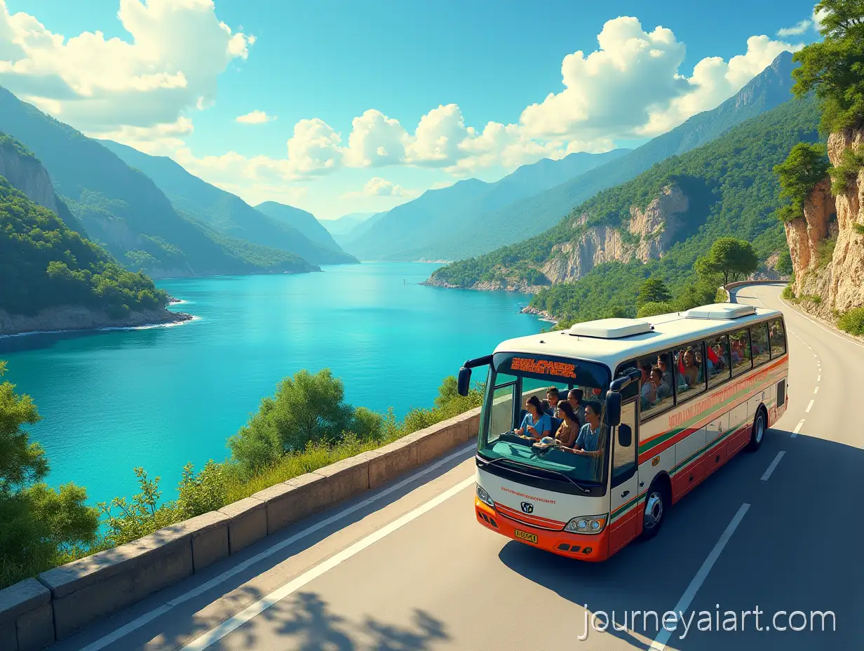 Scenic-Coastal-Road-Travel-on-Modern-Tourist-Bus-with-Bulgarian-Flags