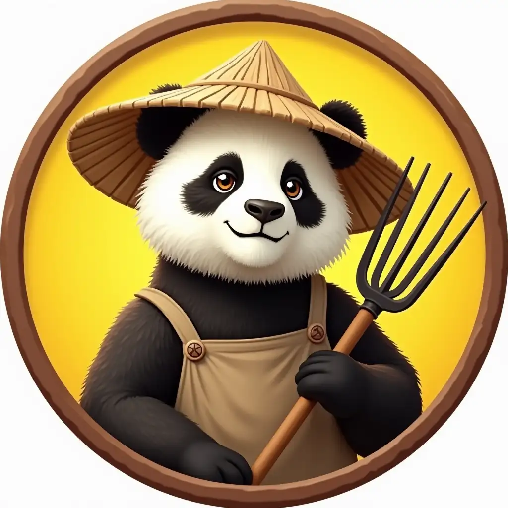 Realistic Panda in a Japanese Farmers Straw Hat and Pitchfork