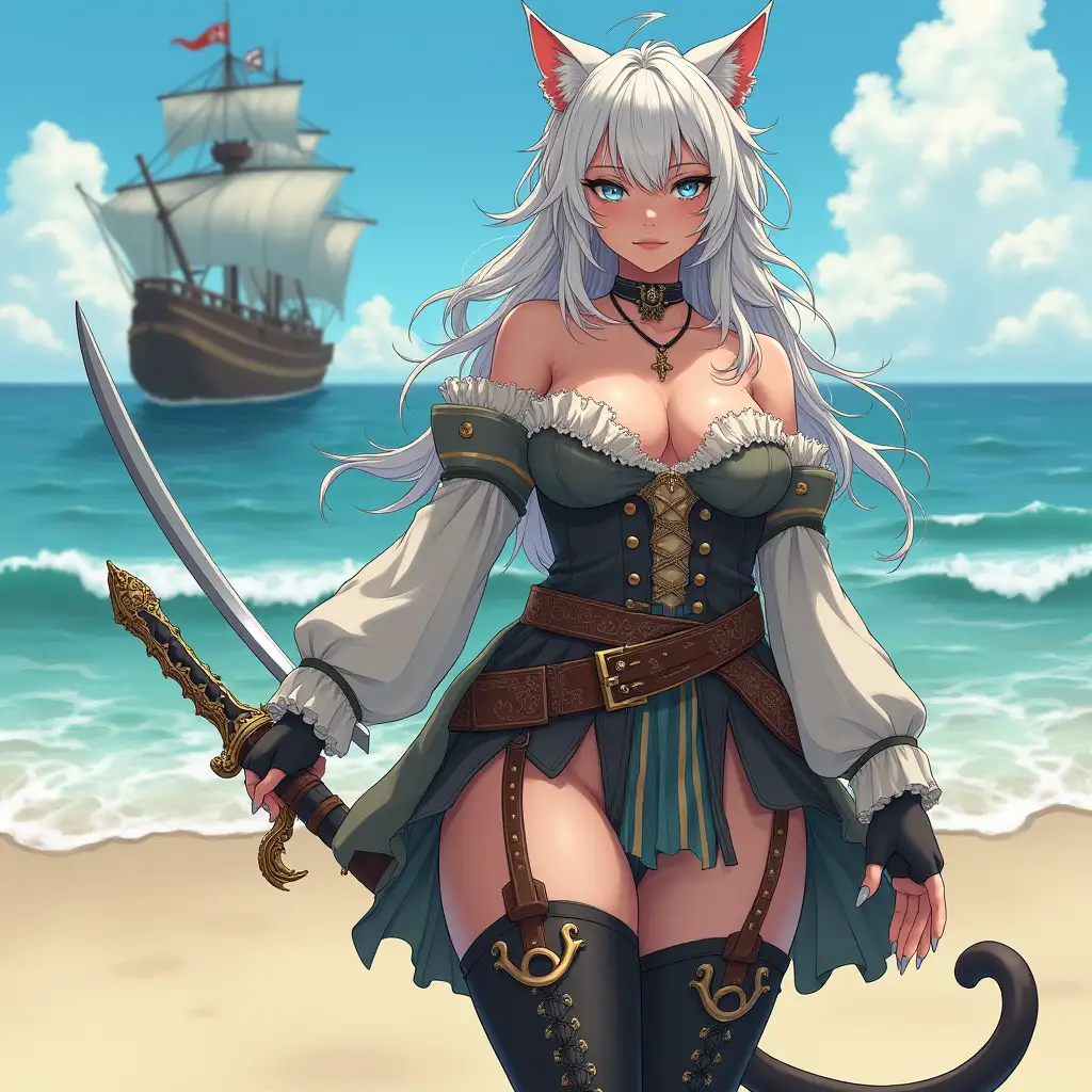 A mature adult feline/woman dressed as a pirate with a sword on a beach.  A pirate ship in the background. Her 30-something years are disguised by her youthful facial features, except for her subtle wrinkles around the eyes, extremely slender body. Her ample bosom strains against her clothing, threatening to burst free from the fabric, extreme cleavage.  Wearing black thigh high pirate boots. She has piercing blue cat eyes. A choker adorns her neck, a subtle hint at her feline nature. Her long, white hair cascades down her back like a wild waterfall, tangled and disheveled. Her cat-like teeth glint in the light, as her white fur-lined ears punctuate her visage with sparkling black and gold earring adorns each ear, adding a touch of elegance to her feline features. Cat whiskers on her face. The attached tail at the base of her spine stirs lazily.  Long fingernails. Full body view. Anime.